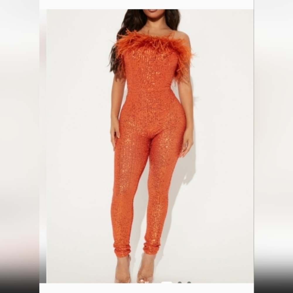 Brand New Without Tag Orange Sequin Jumpsuit